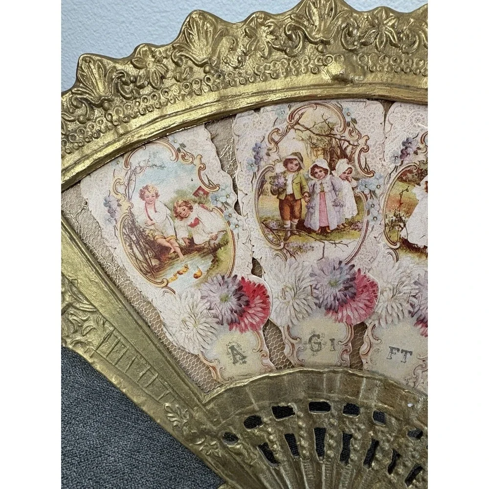 Antique Brass Fan Picture Frame With Felt Lined Stand, Art Nouveau Vanity Frame